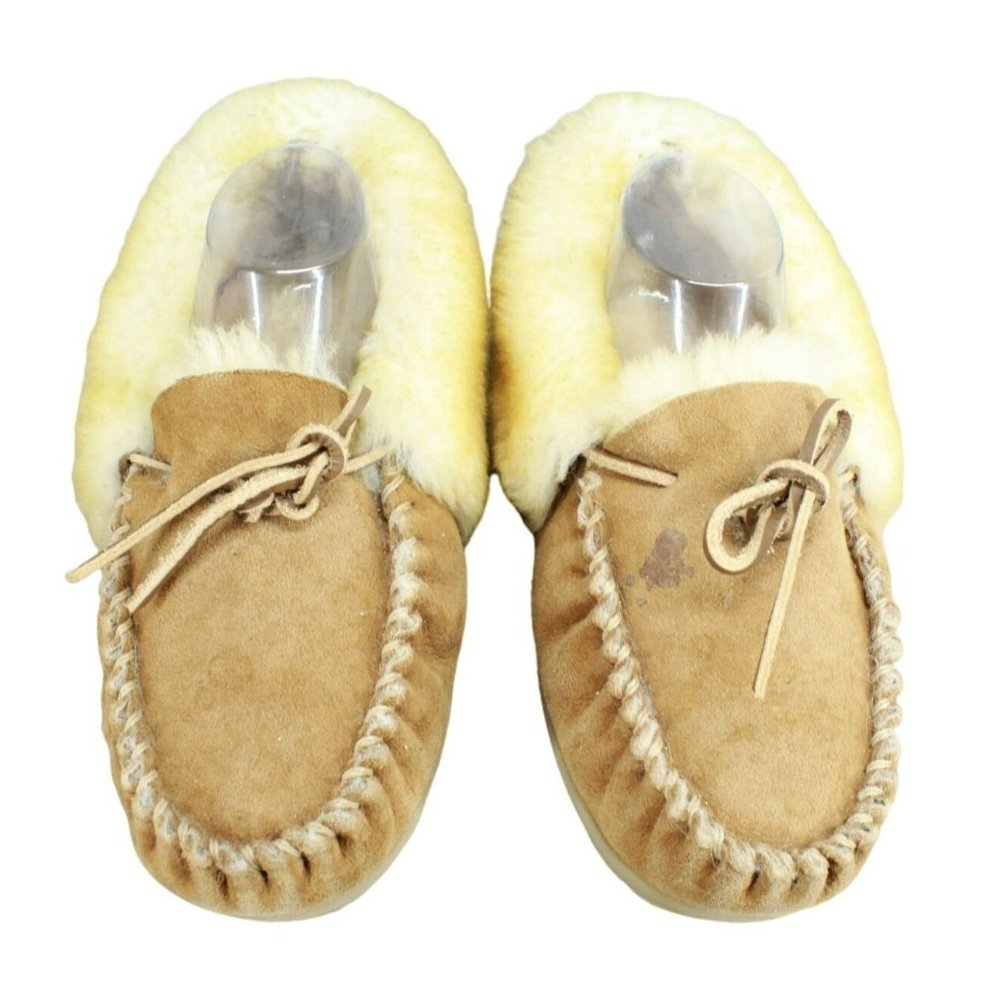 LL Bean Brown Suede Wicked Good Shearling Lined Moccasin Slippers Size 10 Wide - Picture 4 of 9
